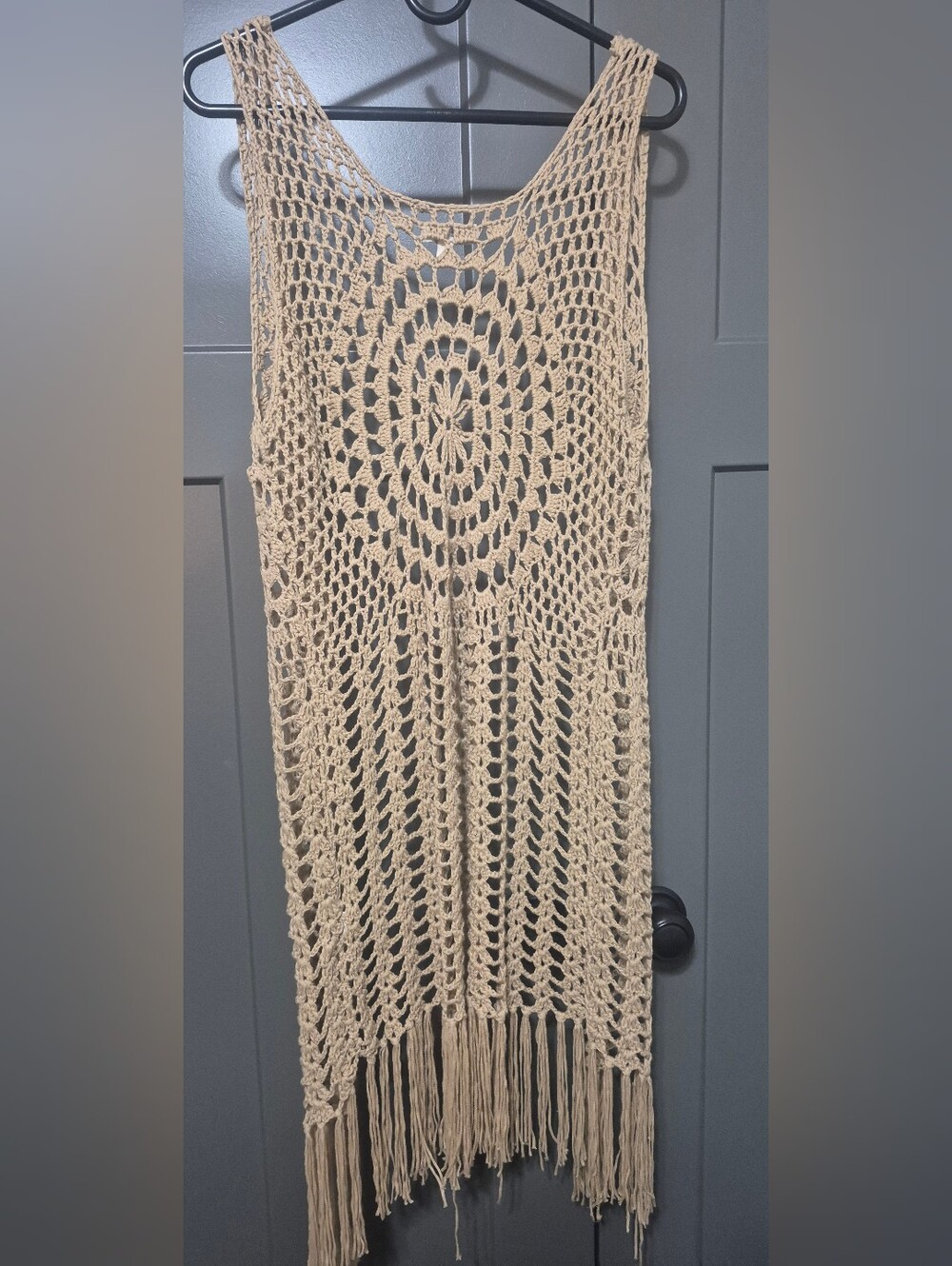 Umgee USA Crochet Fringe Open Front Boho Duster Vest Beige Size M - Picture 3 of 5
